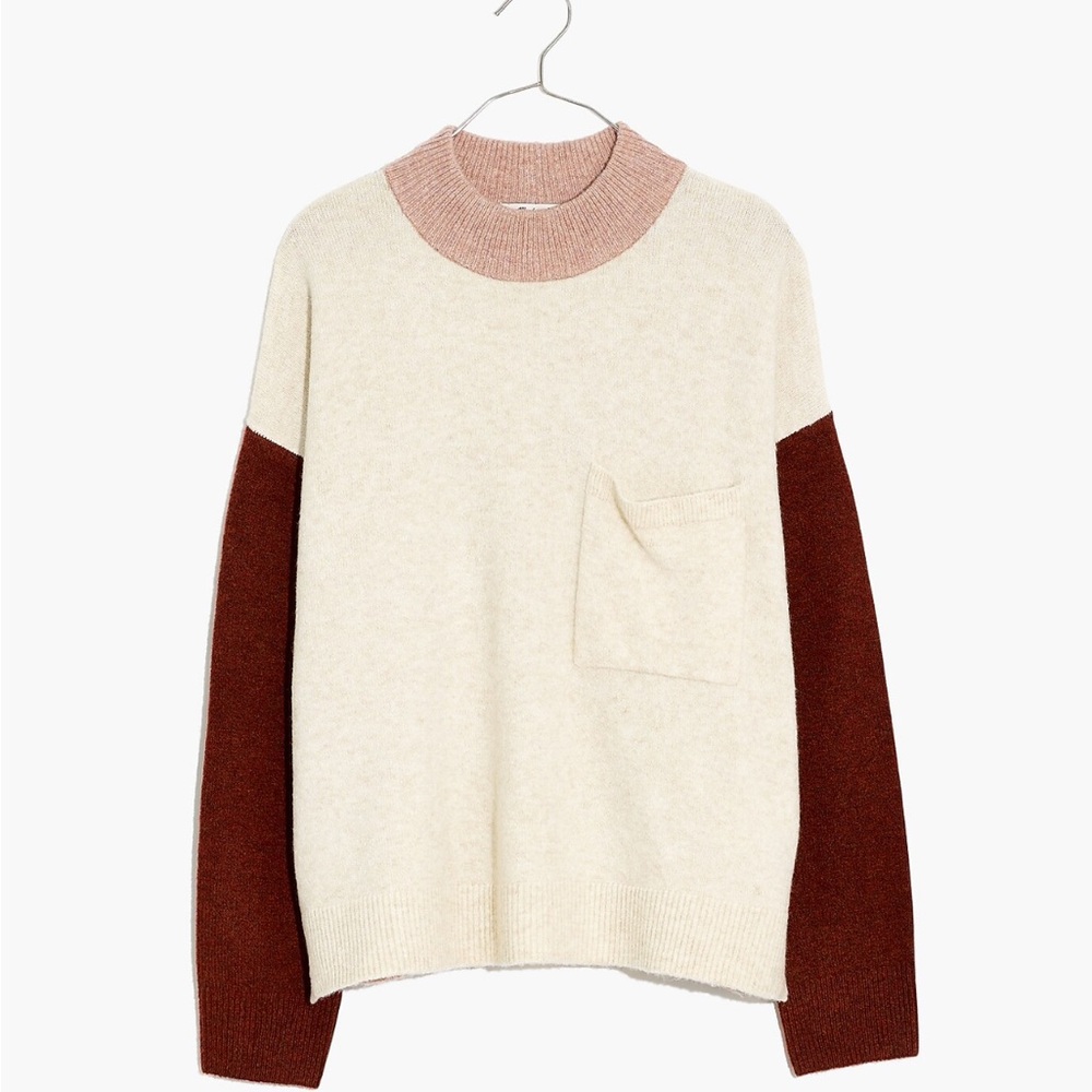 NWT Madewell Redmond Mockneck Pocket Sweater Colorblock SMALL Heather Gardenia